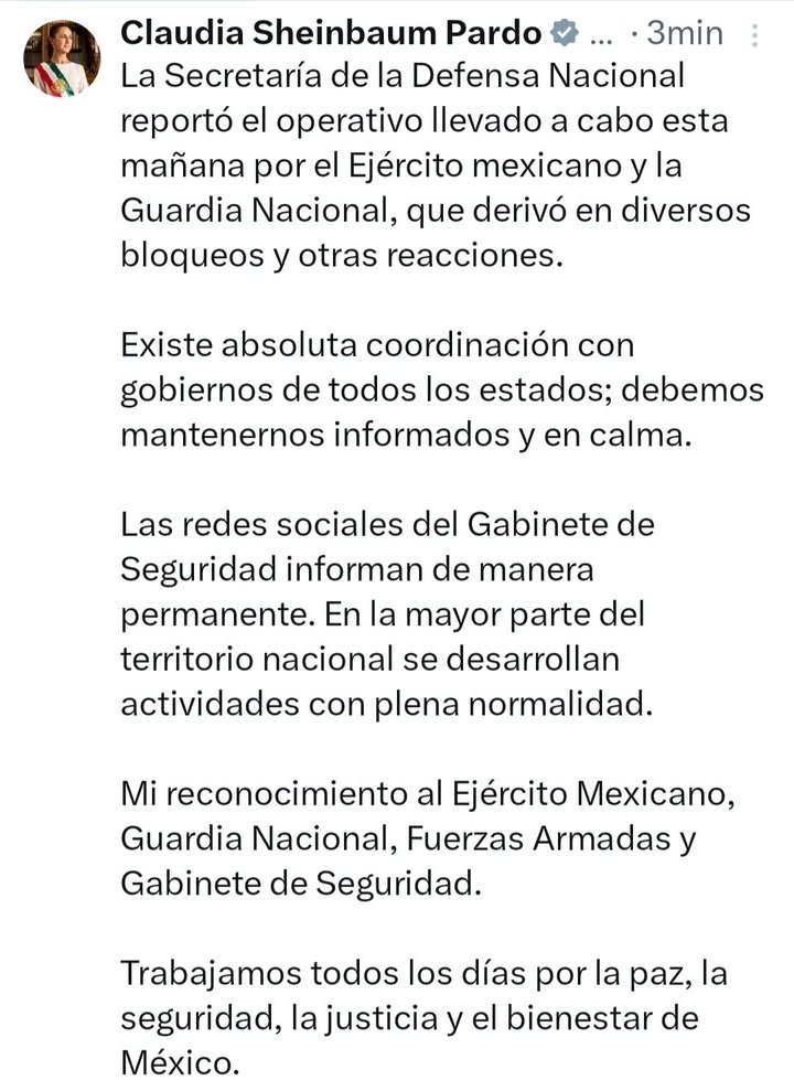 Mi reconocimiento al Ejército Mexicano, Guardia Nacional, Fuerzas Armadas y Gabinete de Seguridad, escribe la Presidente Claudia… Mi reconocimiento al Ejército Mexicano, Guardia Nacional, Fuerzas Armadas y Gabinete de Seguridad, escribe la Presidente Claudia…