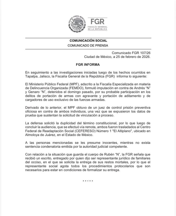 La FGR informa, a través de un boletín oficial, que un representante legal de los familiares de Nemesio Oseguera "El Mencho",  h…